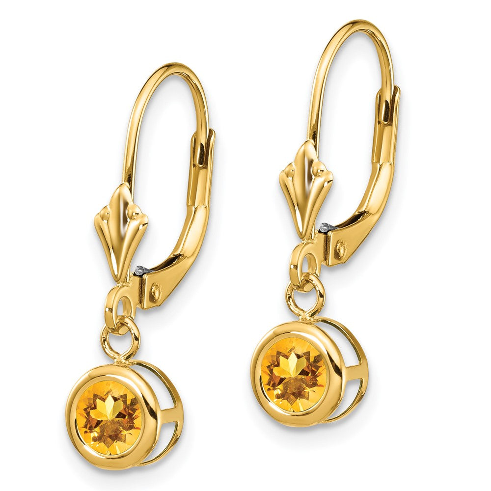 14k 5mm Round Citrine Bezel Leverback Dangle Earrings