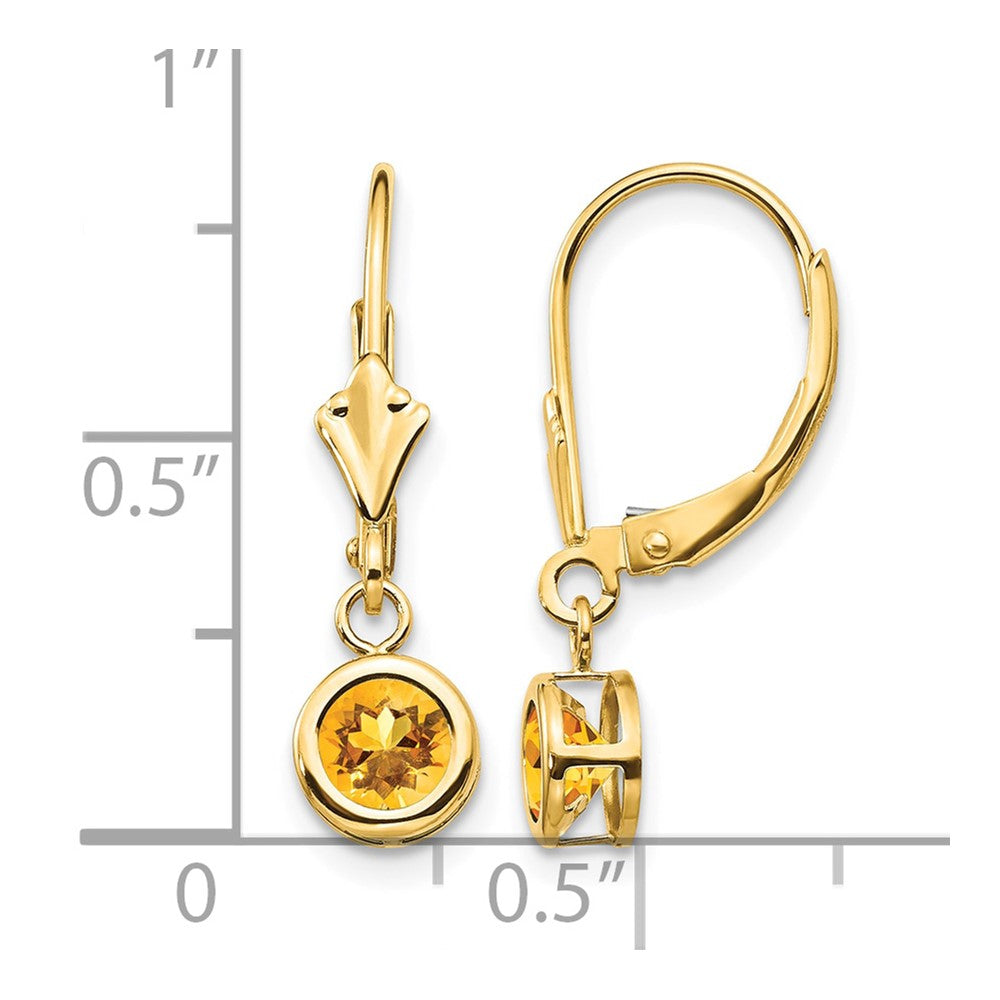 14k 5mm Round Citrine Bezel Leverback Dangle Earrings