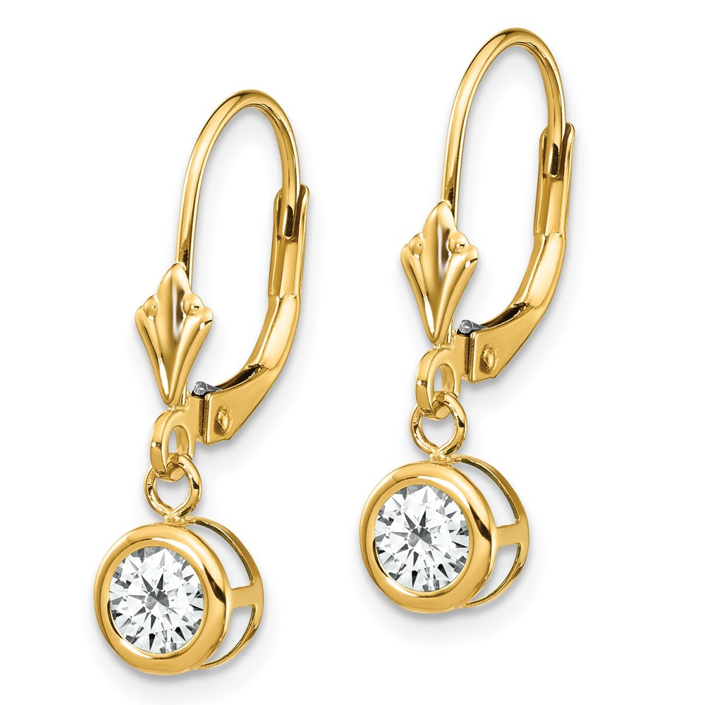 14k 5mm Round Cubic Zirconia Bezel Leverback Dangle Earrings