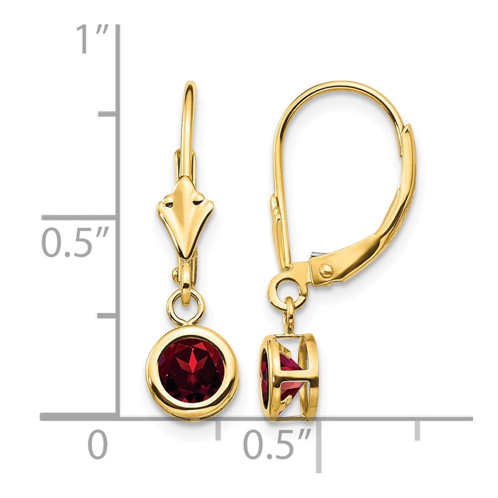 14k 5mm Round Garnet Bezel Leverback Dangle Earrings