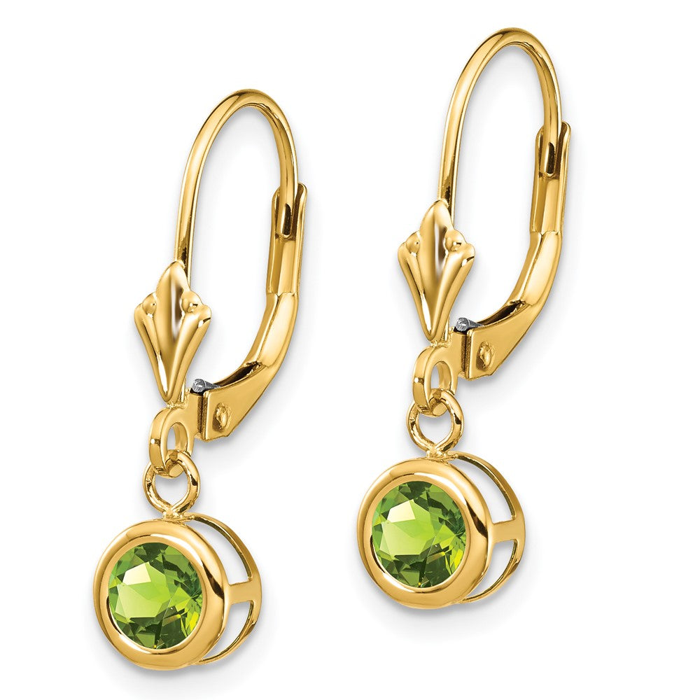 14k 5mm Round Peridot Bezel Leverback Dangle Earrings