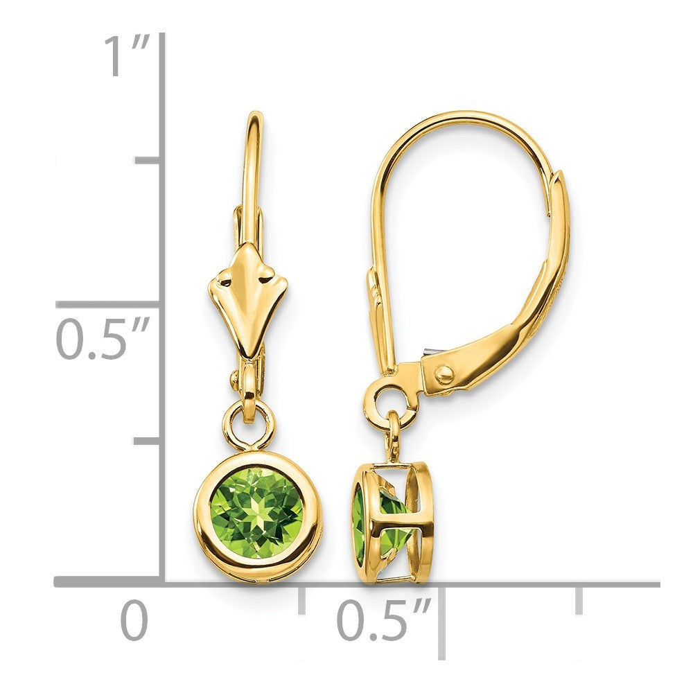 14k 5mm Round Peridot Bezel Leverback Dangle Earrings