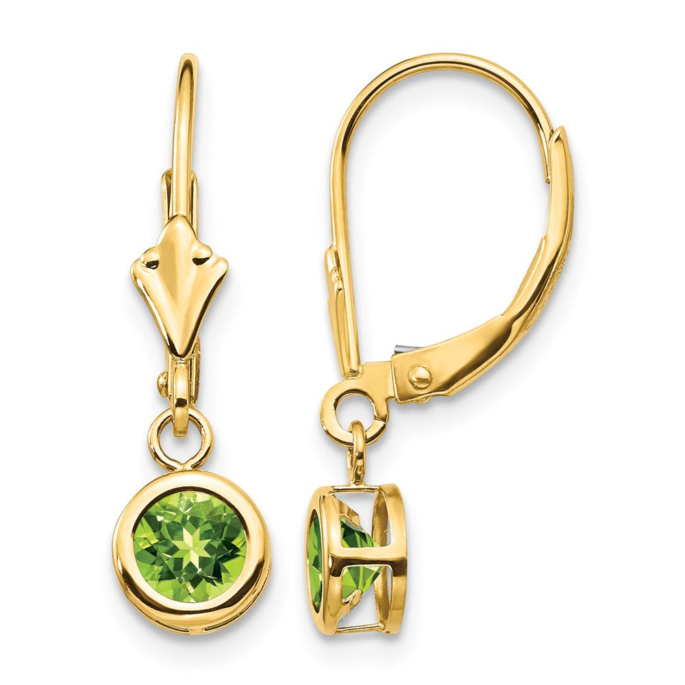 14k 5mm Round Peridot Bezel Leverback Dangle Earrings