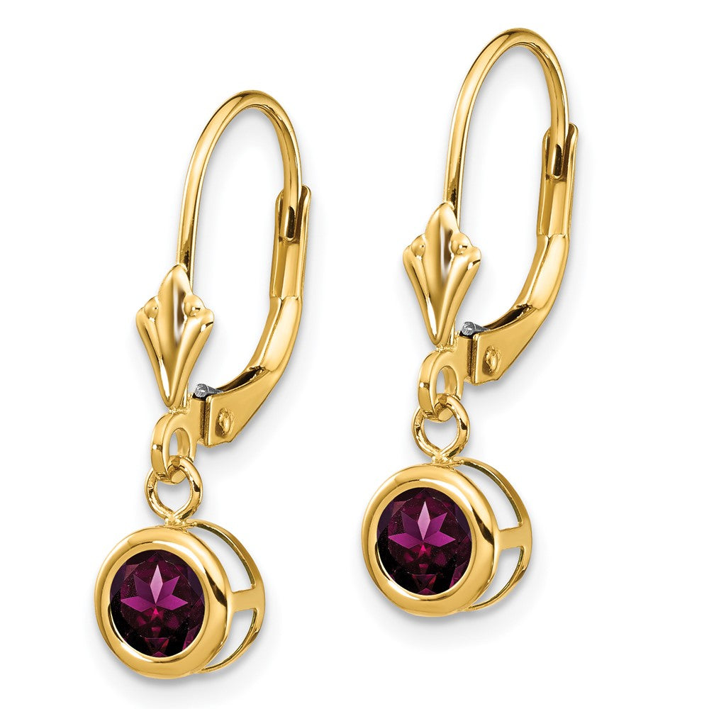 14k 5mm Round Rhodolite Garnet Bezel Leverback Dangle Earrings