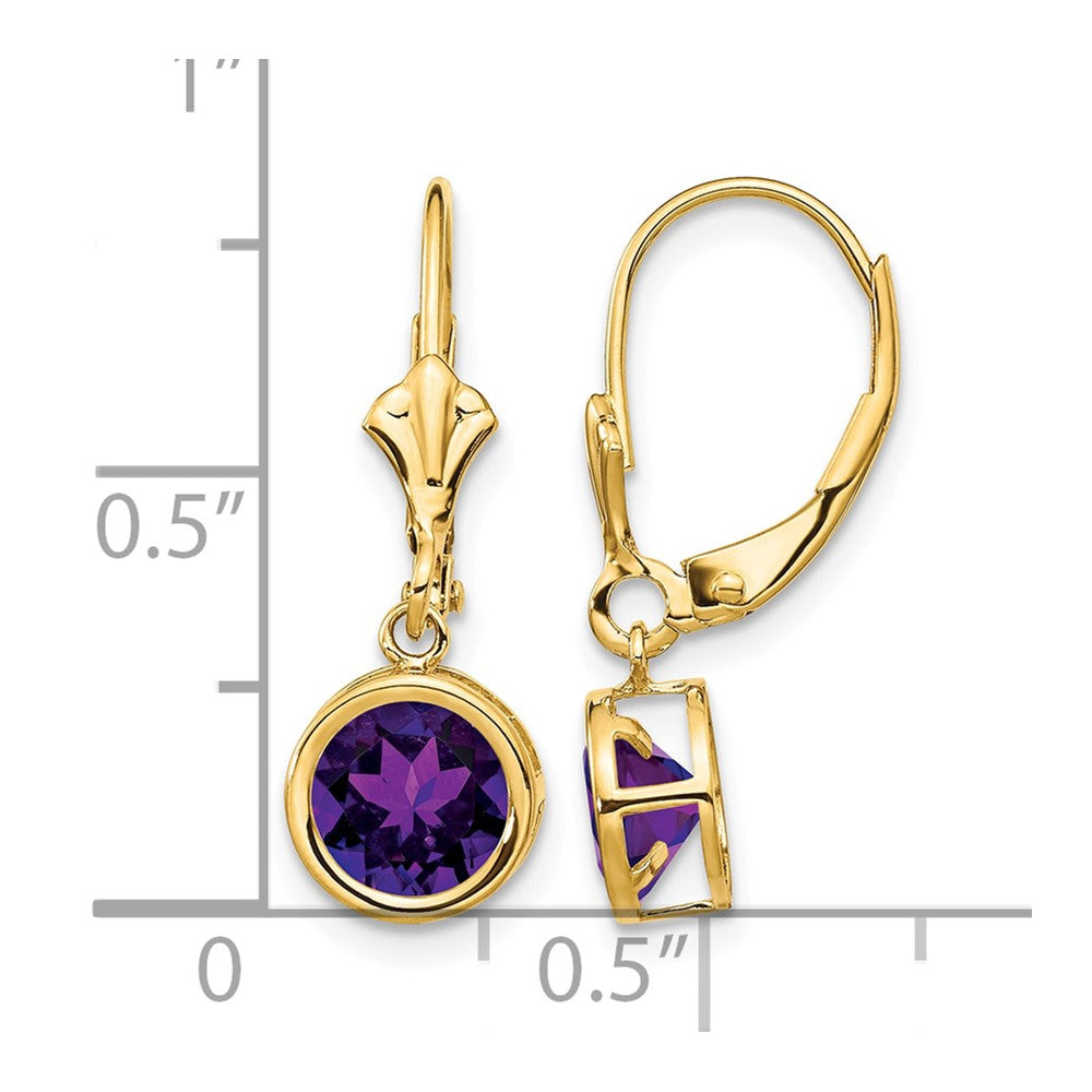 14k 6mm Round Amethyst Bezel Leverback Dangle Earrings