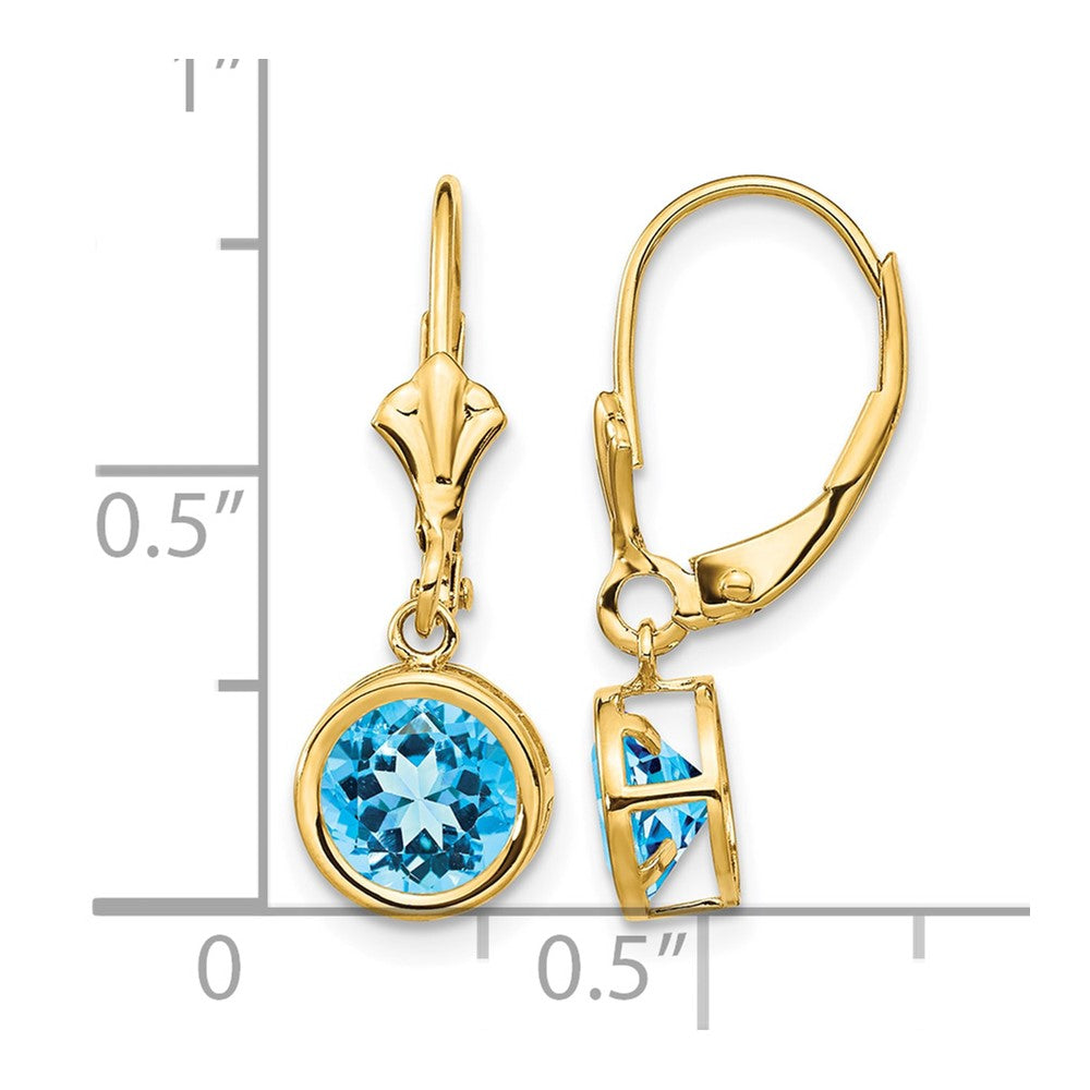 14k 6mm Round Blue Topaz Bezel Leverback Dangle Earrings