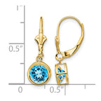14k 6mm Round Blue Topaz Bezel Leverback Dangle Earrings