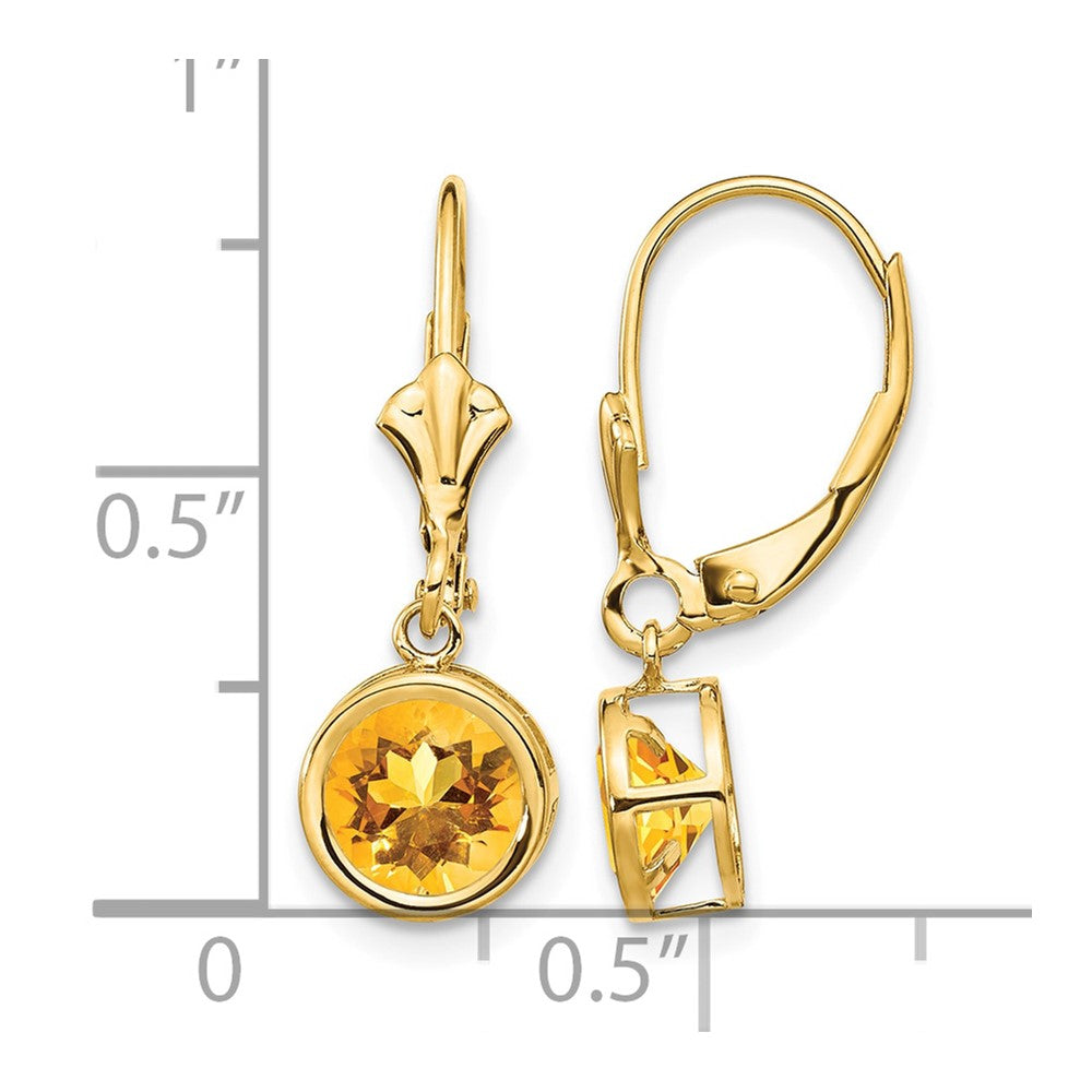 14k 6mm Round Citrine Bezel Leverback Dangle Earrings