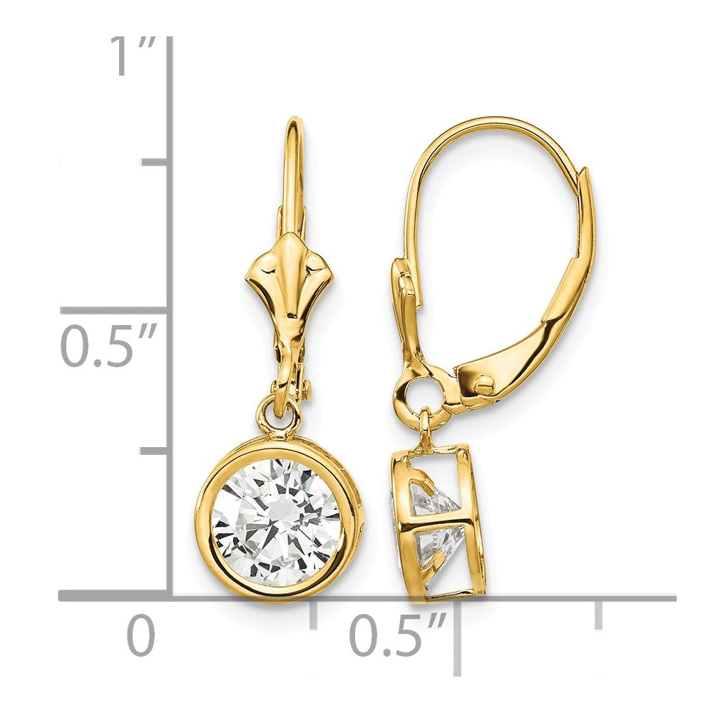 14k 6mm Round Cubic Zirconia Bezel Leverback Dangle Earrings