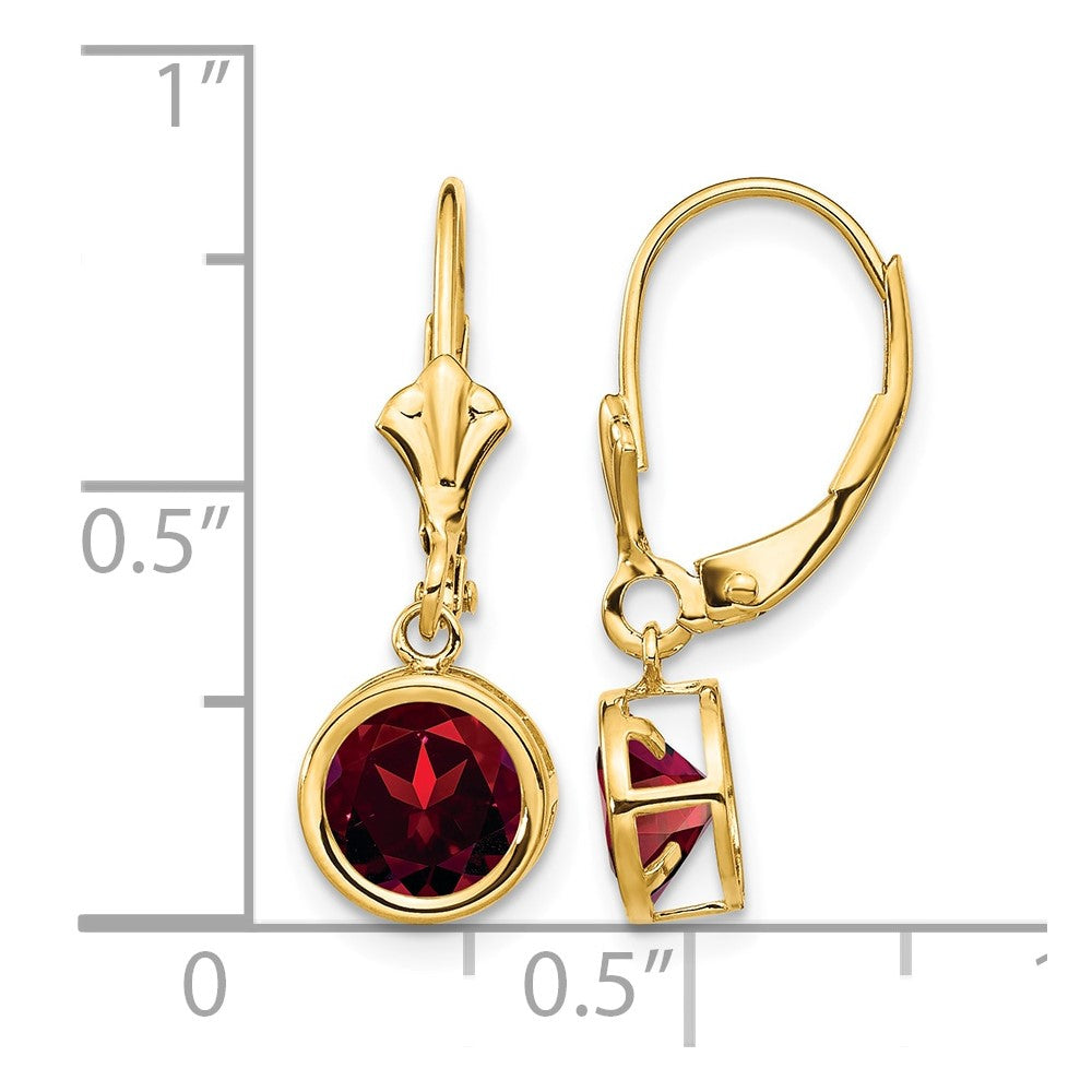 14k 6mm Round Garnet Bezel Leverback Dangle Earrings