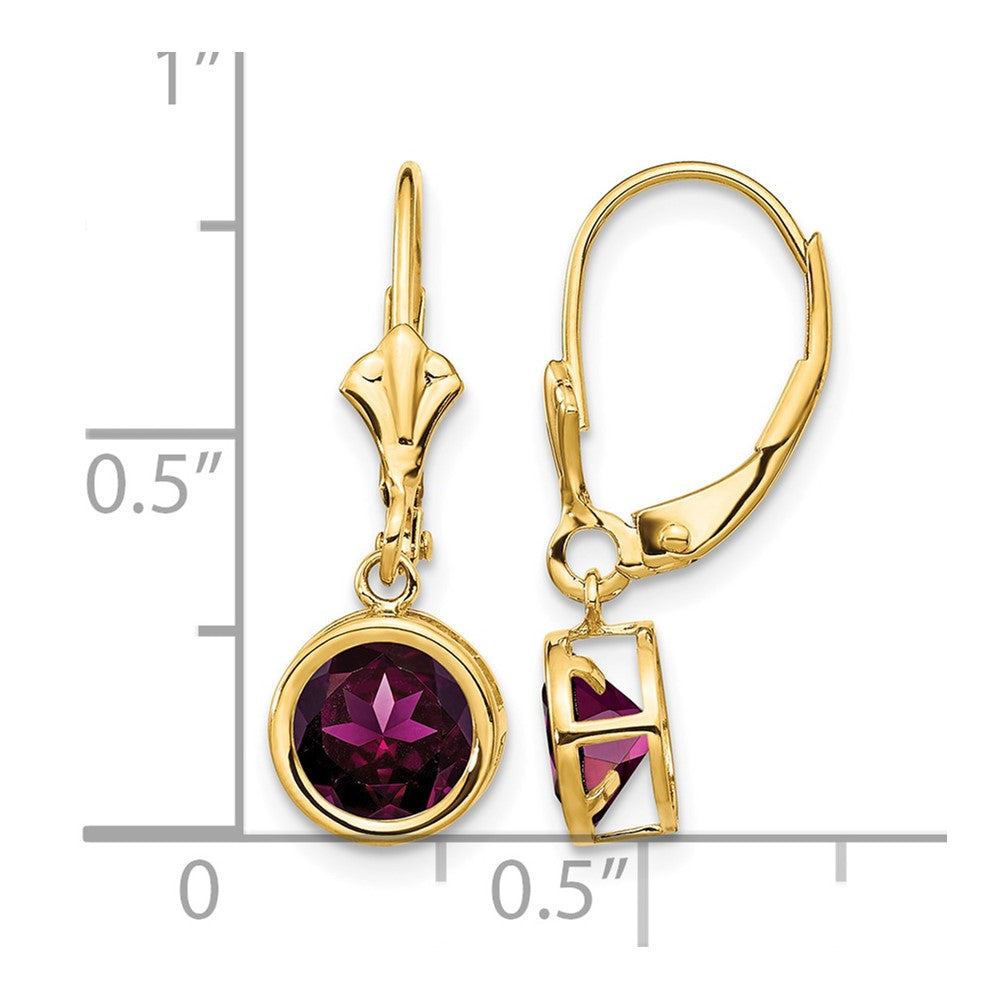 14k 6mm Round Rhodolite Garnet Bezel Leverback Dangle Earrings