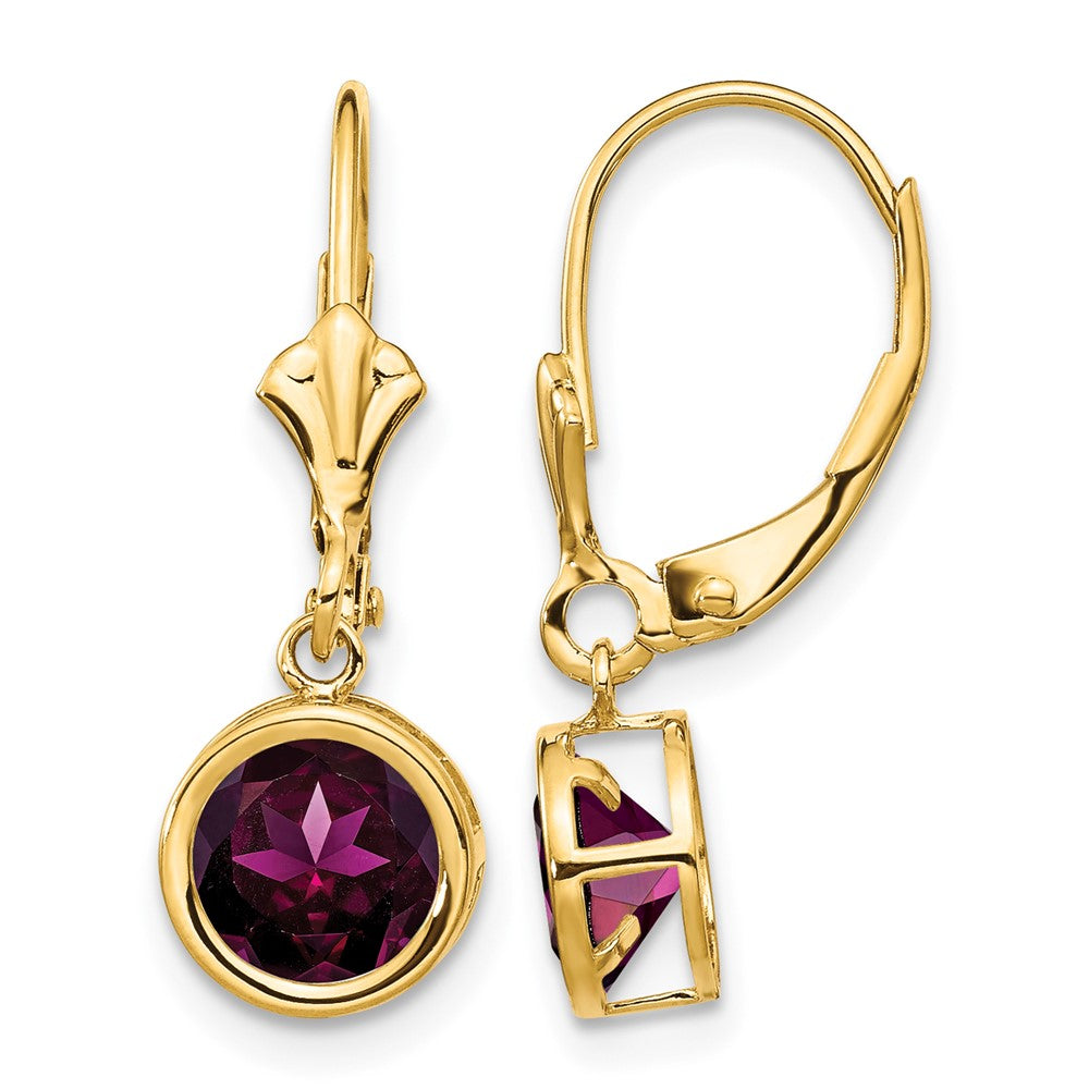 14k 6mm Round Rhodolite Garnet Bezel Leverback Dangle Earrings