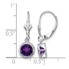 14k White Gold 6mm Round Amethyst Bezel Leverback Dangle Earrings