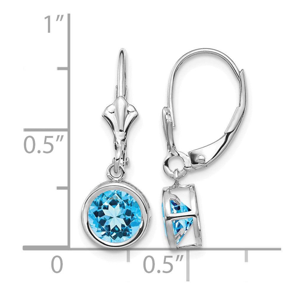 14k White Gold 6mm Round Blue Topaz Bezel Leverback Dangle Earrings