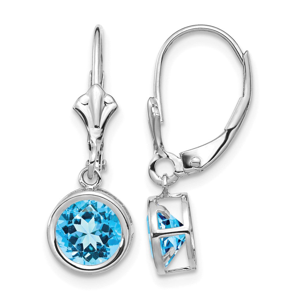 14k White Gold 6mm Round Blue Topaz Bezel Leverback Dangle Earrings
