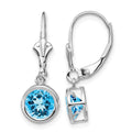 14k White Gold 6mm Round Blue Topaz Bezel Leverback Dangle Earrings