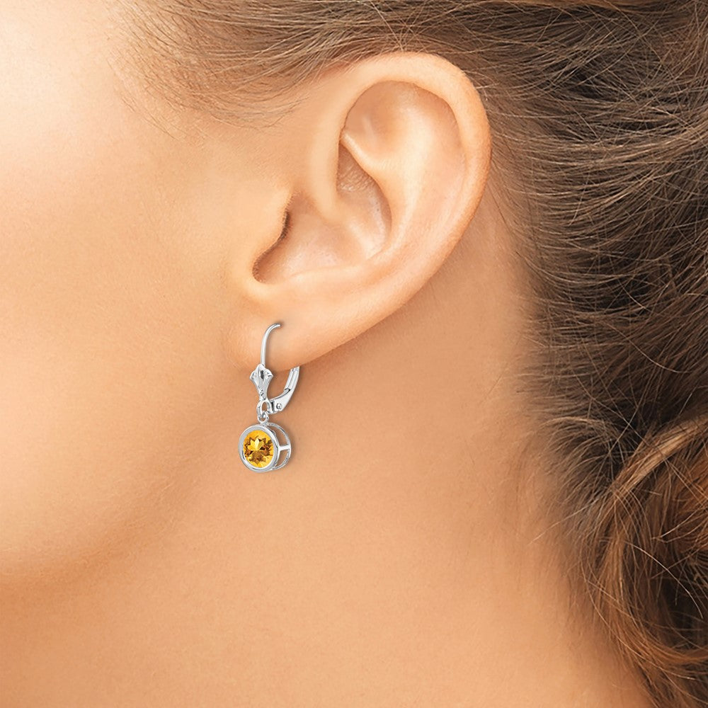 14k White Gold 6mm Round Citrine Bezel Leverback Dangle Earrings