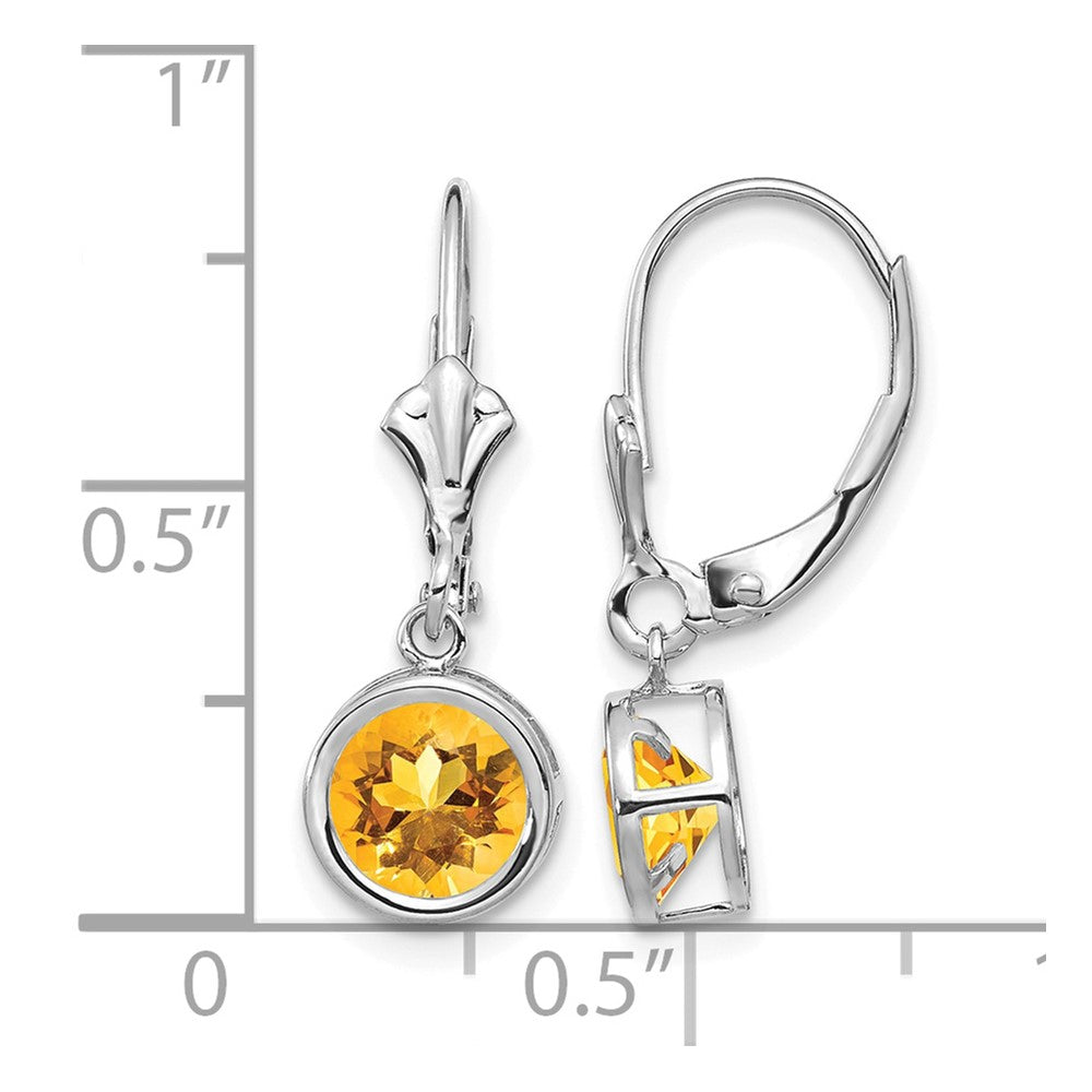 14k White Gold 6mm Round Citrine Bezel Leverback Dangle Earrings