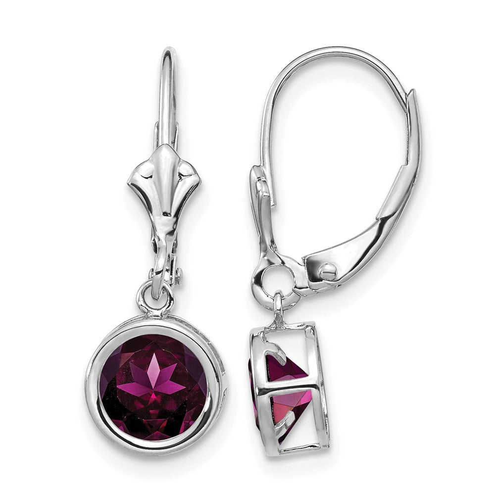 14k White Gold 6mm Round Rhodolite Garnet Bezel Leverback Dangle Earrings