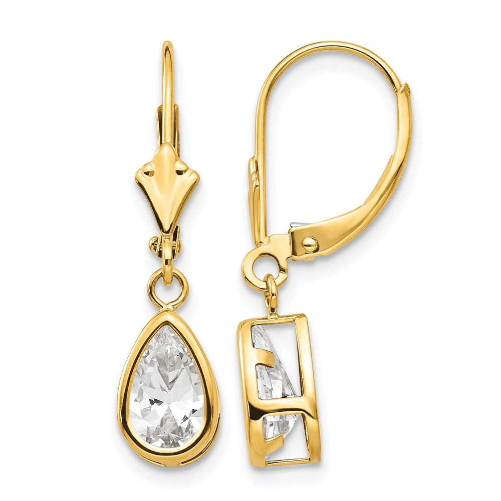14k 8x5mm Pear Cubic Zirconia Bezel Leverback Dangle Earrings
