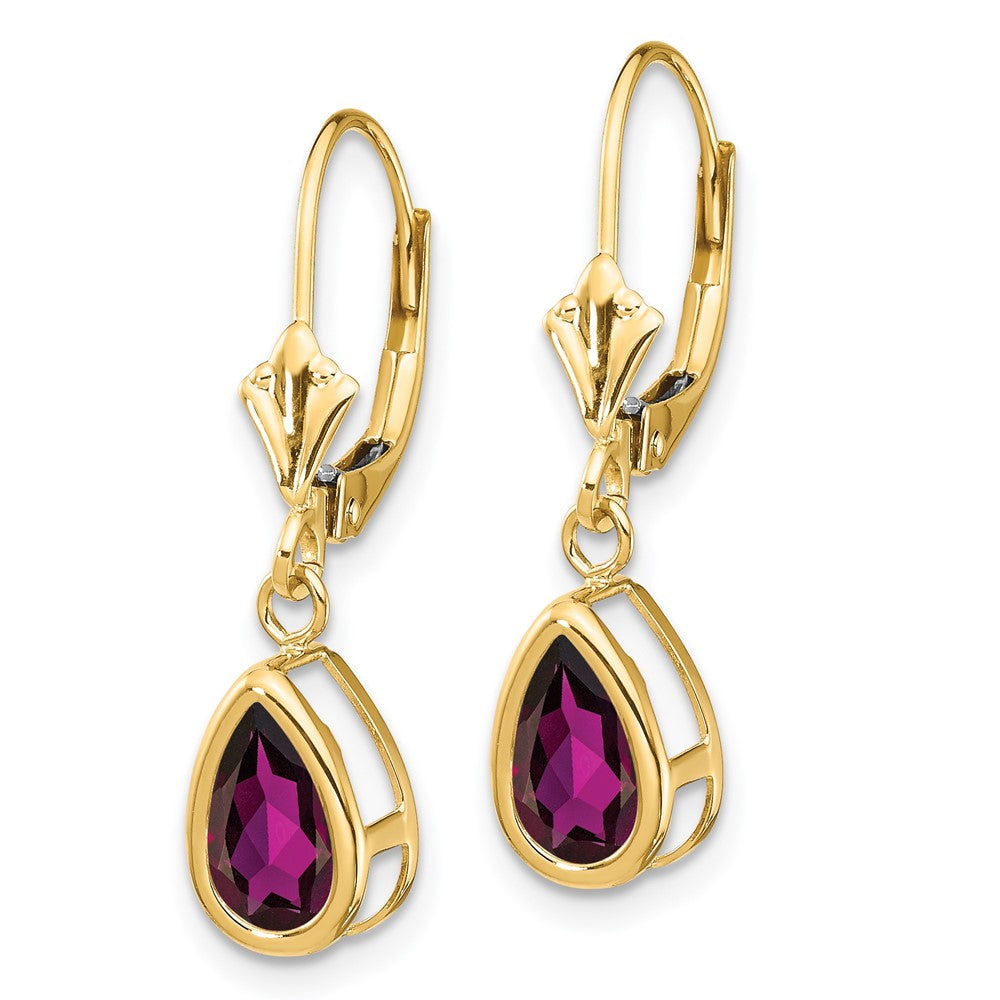 14k 8x5mm Pear Rhodolite Garnet Bezel Leverback Dangle Earrings