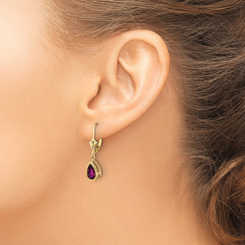 14k 8x5mm Pear Rhodolite Garnet Bezel Leverback Dangle Earrings