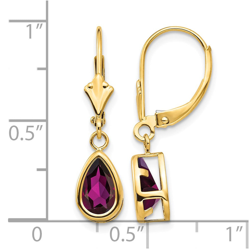 14k 8x5mm Pear Rhodolite Garnet Bezel Leverback Dangle Earrings
