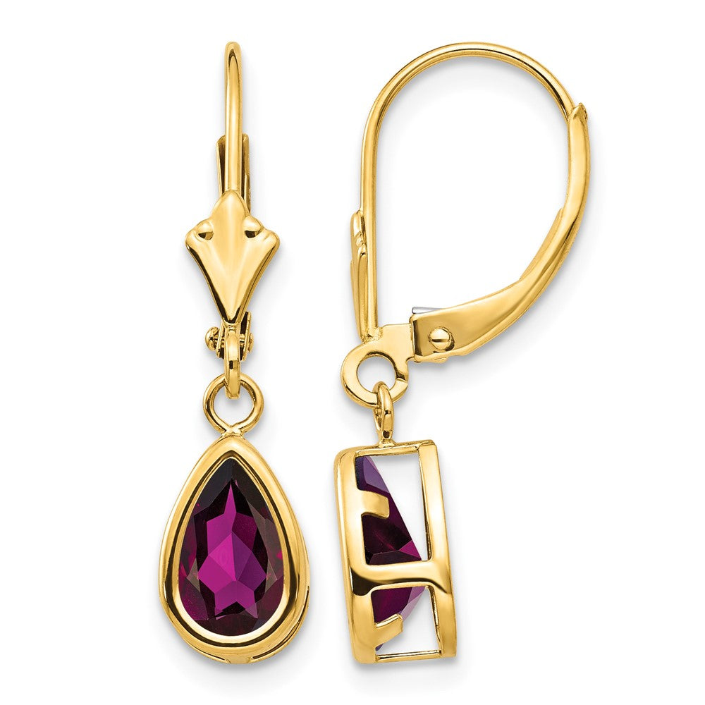 14k 8x5mm Pear Rhodolite Garnet Bezel Leverback Dangle Earrings