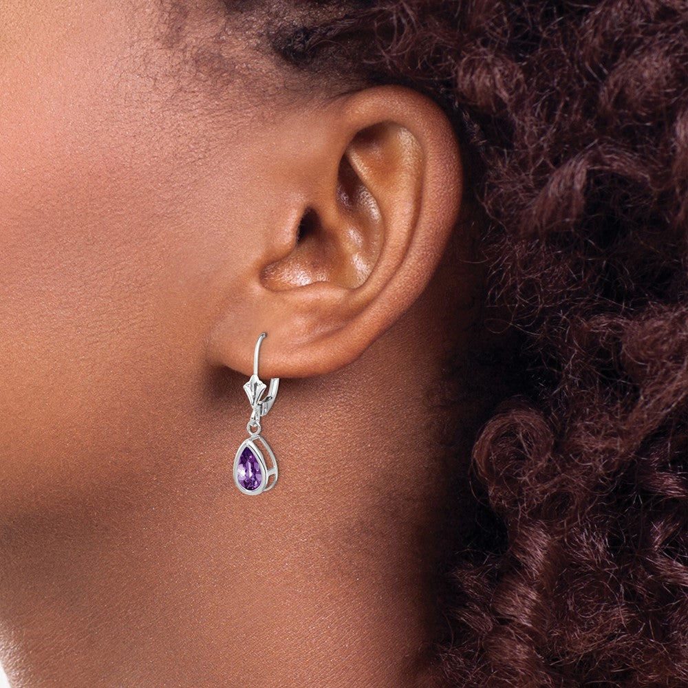 14k White Gold 8x5mm Pear Amethyst Bezel Leverback Dangle Earrings