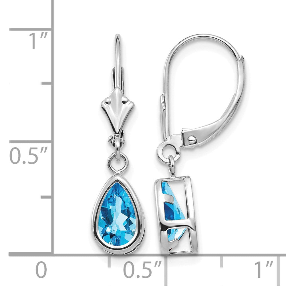 14k White Gold 8x5mm Pear Blue Topaz Bezel Leverback Dangle Earrings