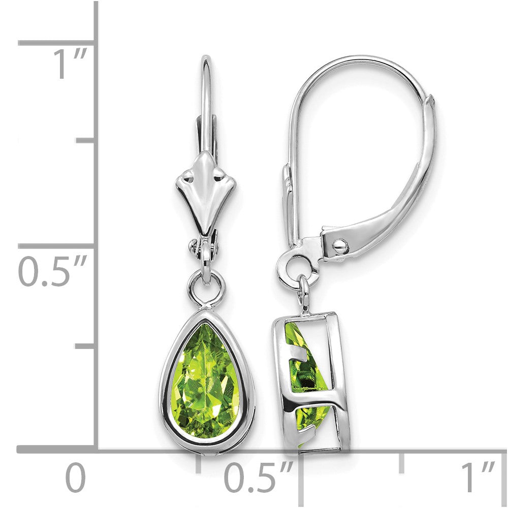 14k White Gold 8x5mm Pear Peridot Bezel Leverback Dangle Earrings