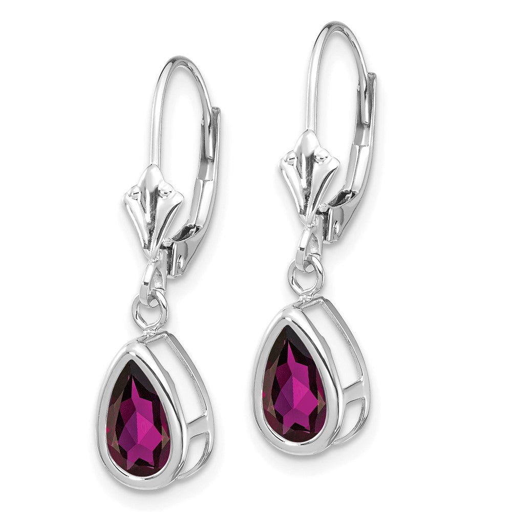14k White Gold 8x5mm Pear Rhodolite Garnet Bezel Leverback Dangle Earrings