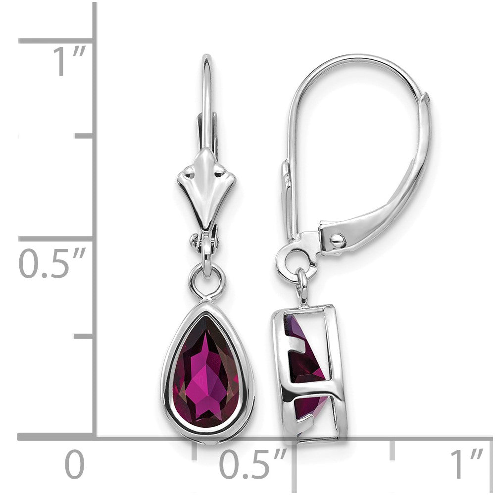 14k White Gold 8x5mm Pear Rhodolite Garnet Bezel Leverback Dangle Earrings