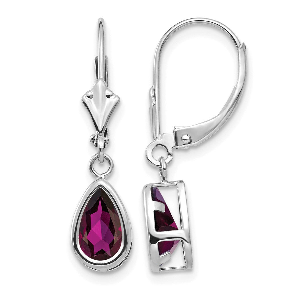 14k White Gold 8x5mm Pear Rhodolite Garnet Bezel Leverback Dangle Earrings