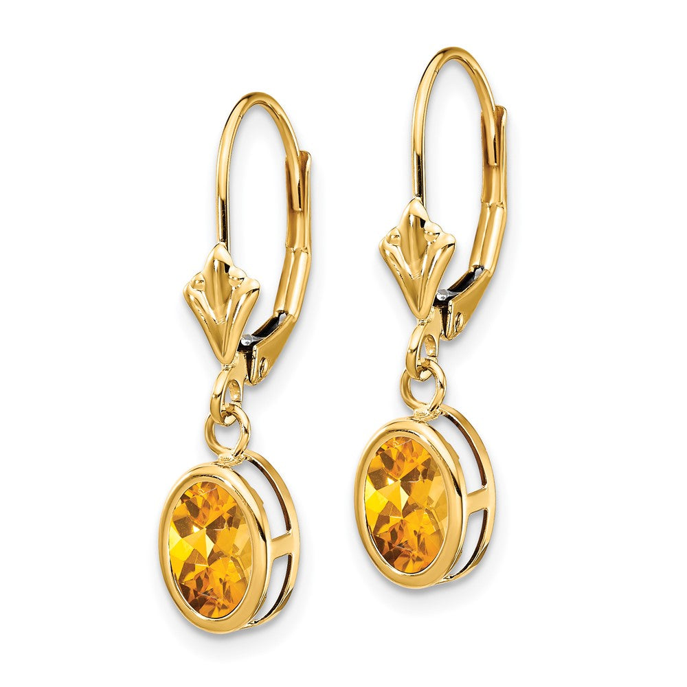 14k 7x5mm Oval Citrine Bezel Leverback Dangle Earrings