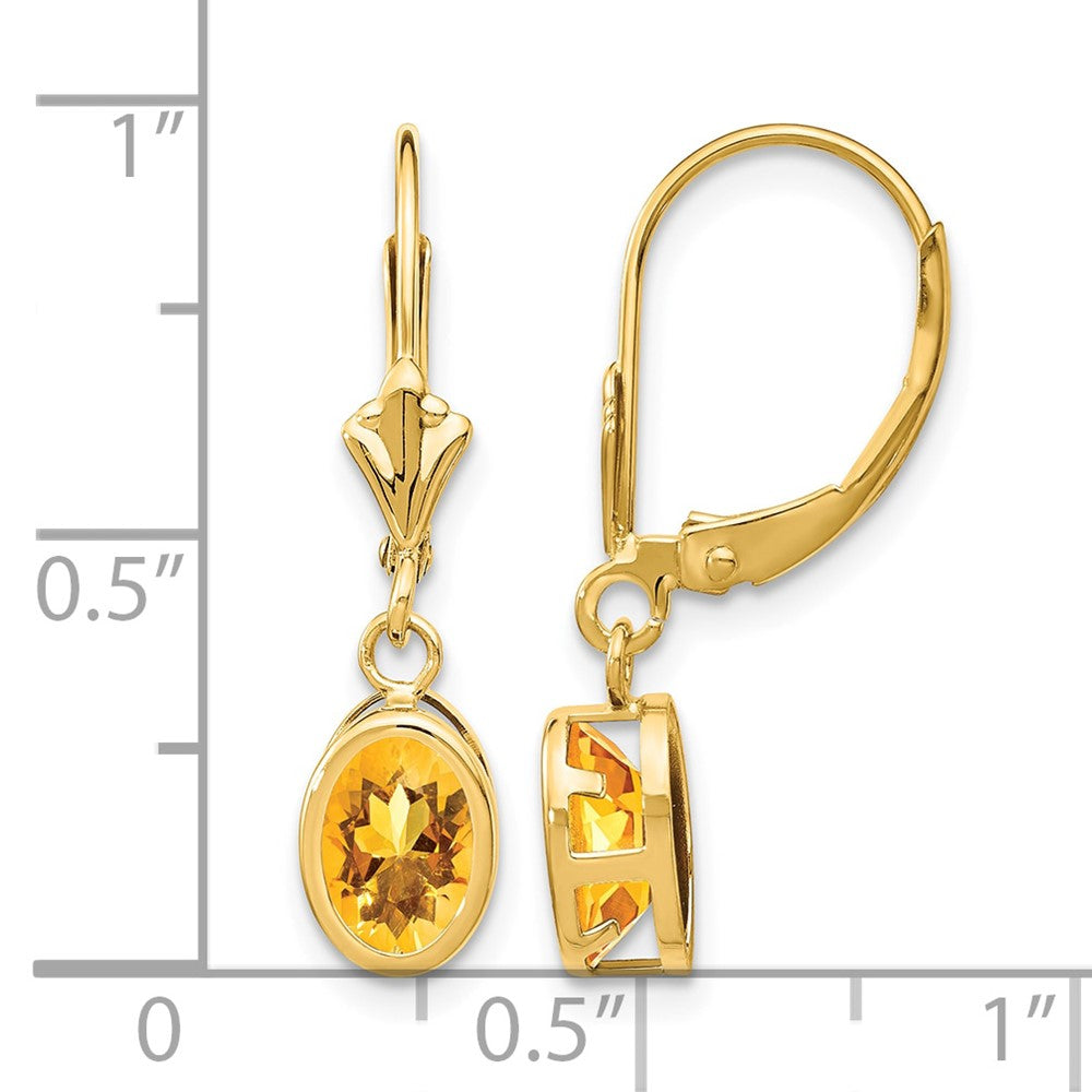 14k 7x5mm Oval Citrine Bezel Leverback Dangle Earrings
