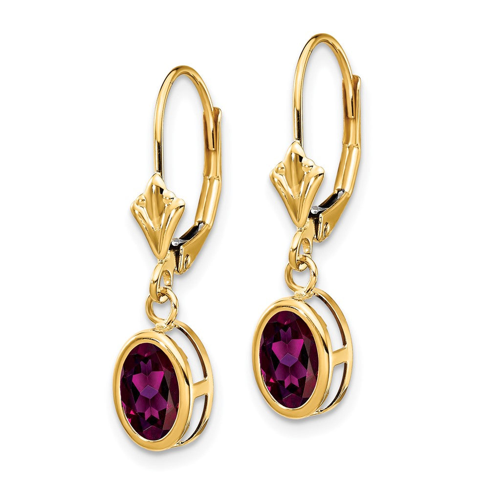 14k 7x5mm Oval Rhodolite Garnet Bezel Leverback Dangle Earrings