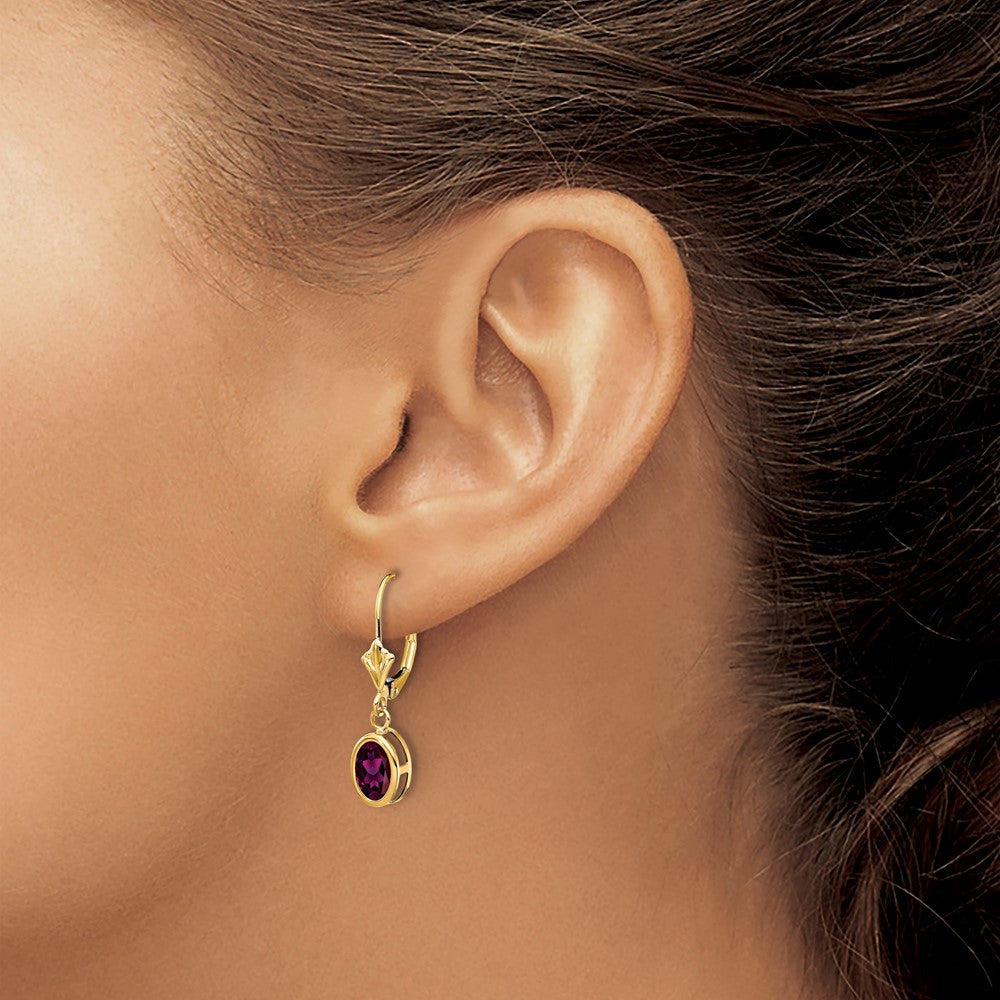 14k 7x5mm Oval Rhodolite Garnet Bezel Leverback Dangle Earrings