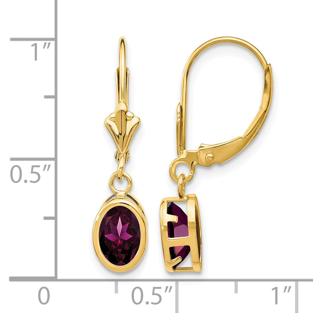 14k 7x5mm Oval Rhodolite Garnet Bezel Leverback Dangle Earrings