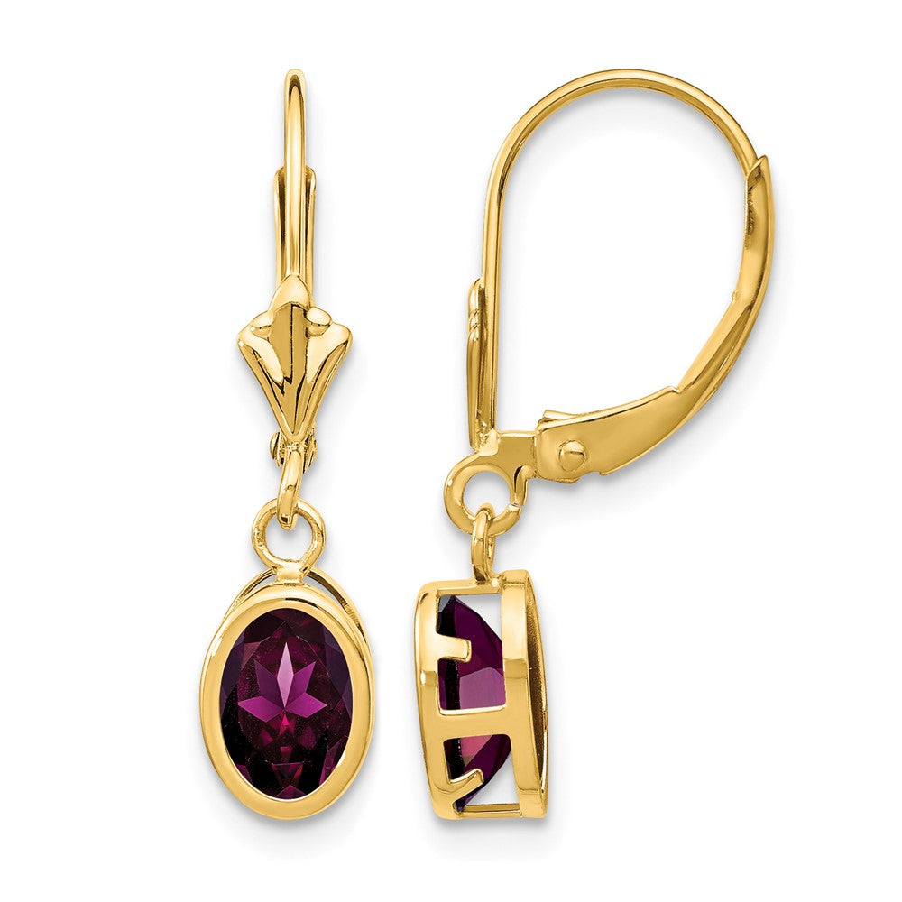 14k 7x5mm Oval Rhodolite Garnet Bezel Leverback Dangle Earrings