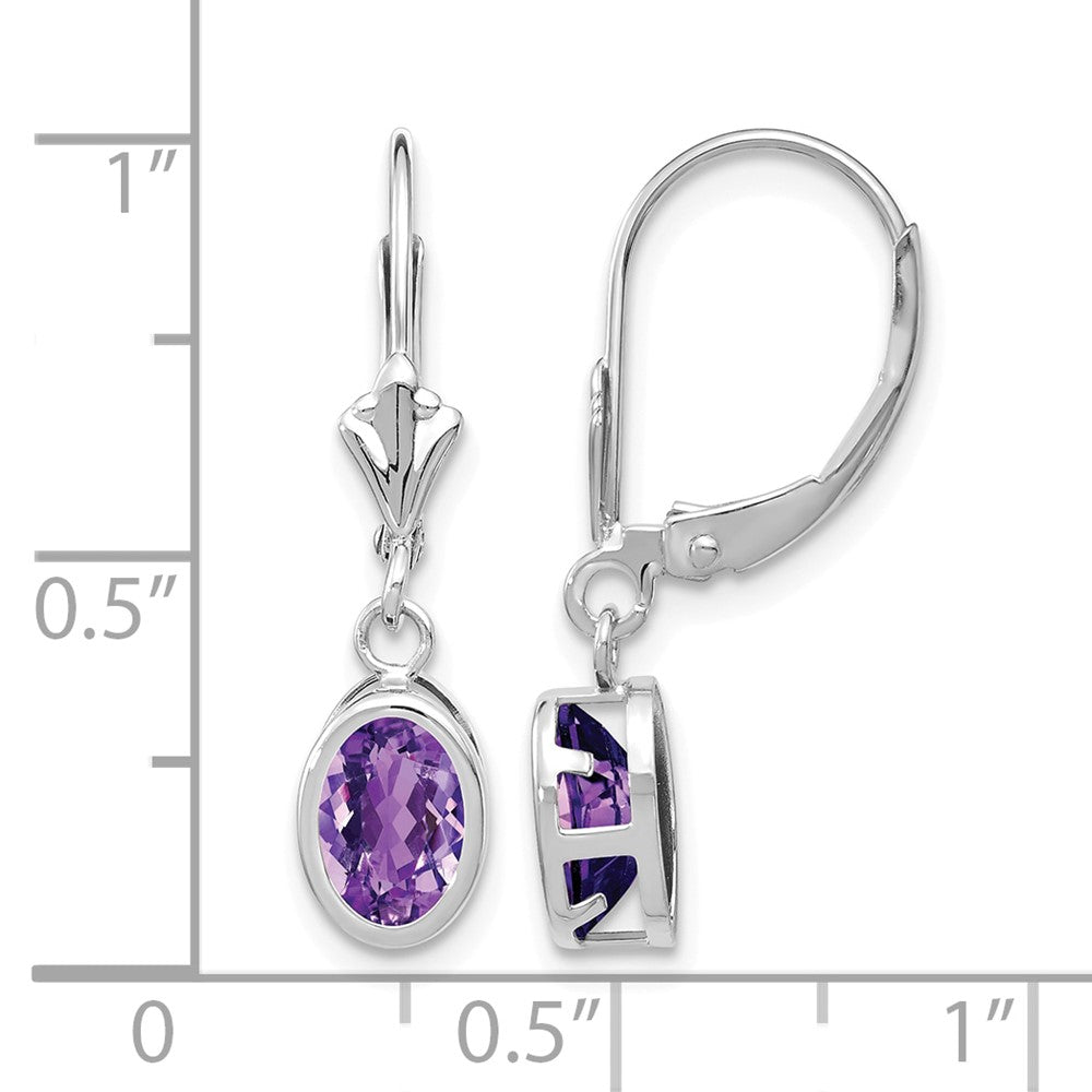 14k White Gold 7x5mm Oval Amethyst Bezel Leverback Dangle Earrings