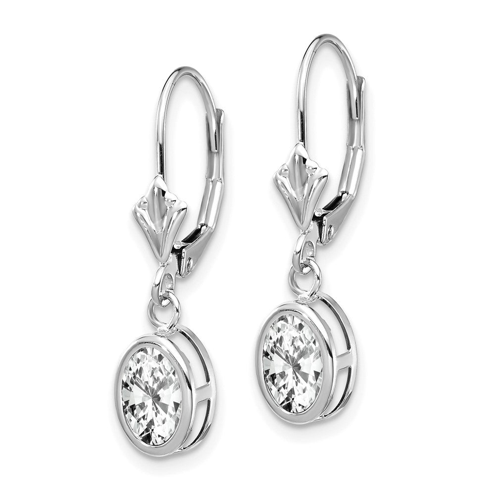 14k White Gold 7x5mm Oval Cubic Zirconia Bezel Leverback Dangle Earrings