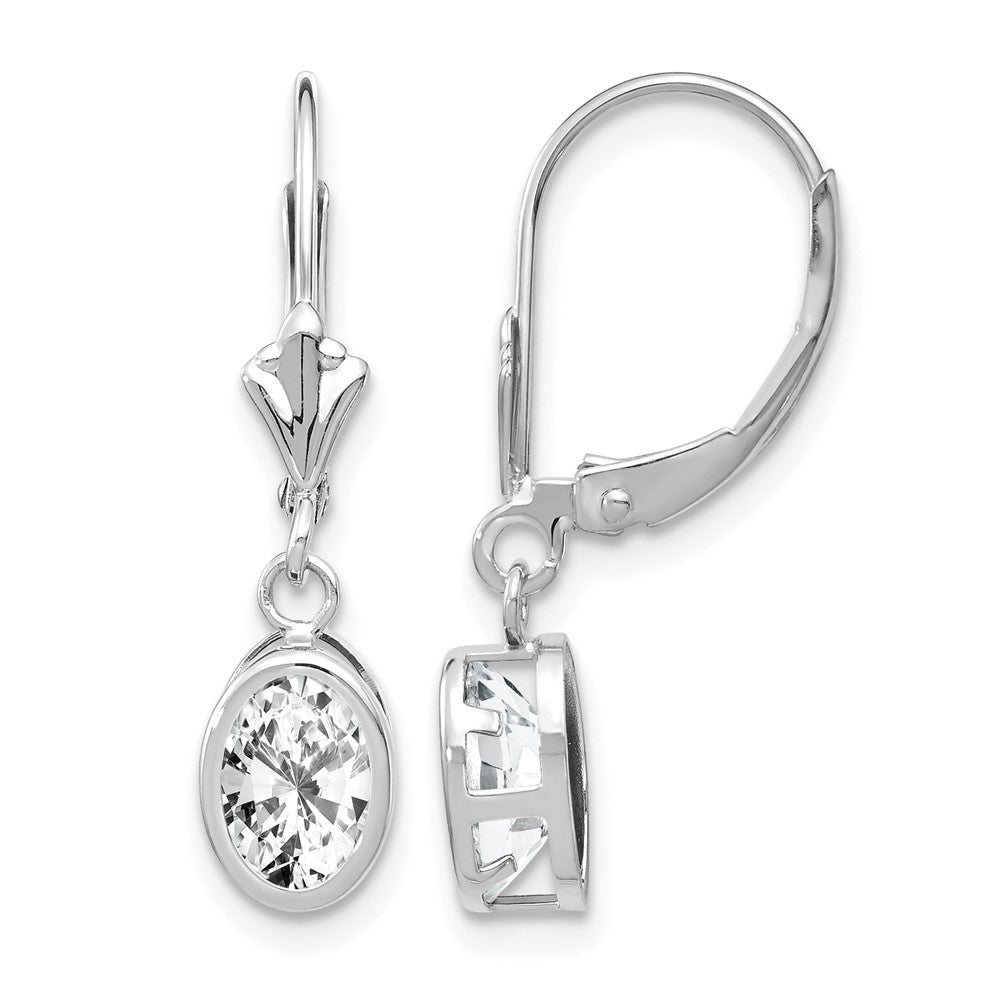 14k White Gold 7x5mm Oval Cubic Zirconia Bezel Leverback Dangle Earrings