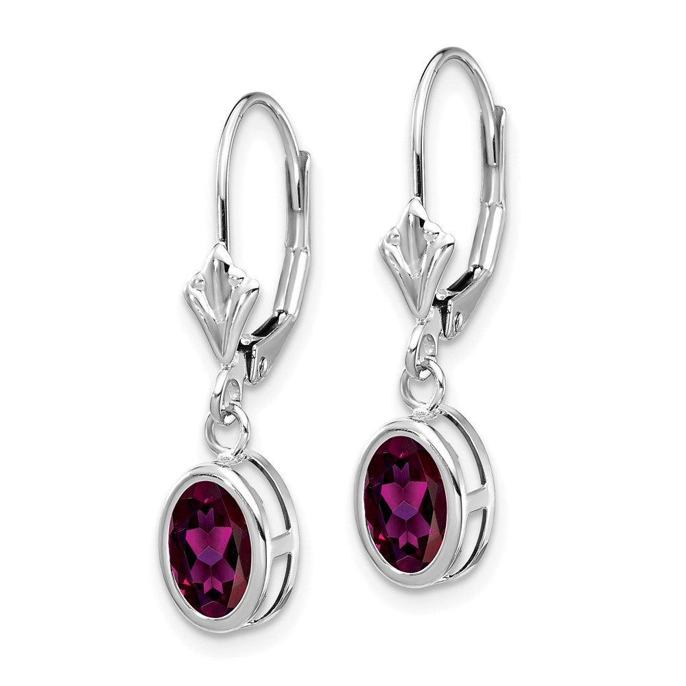 14kWhite Gold 7x5mm Oval Rhodolite Garnet Bezel Leverback Dangle Earrings