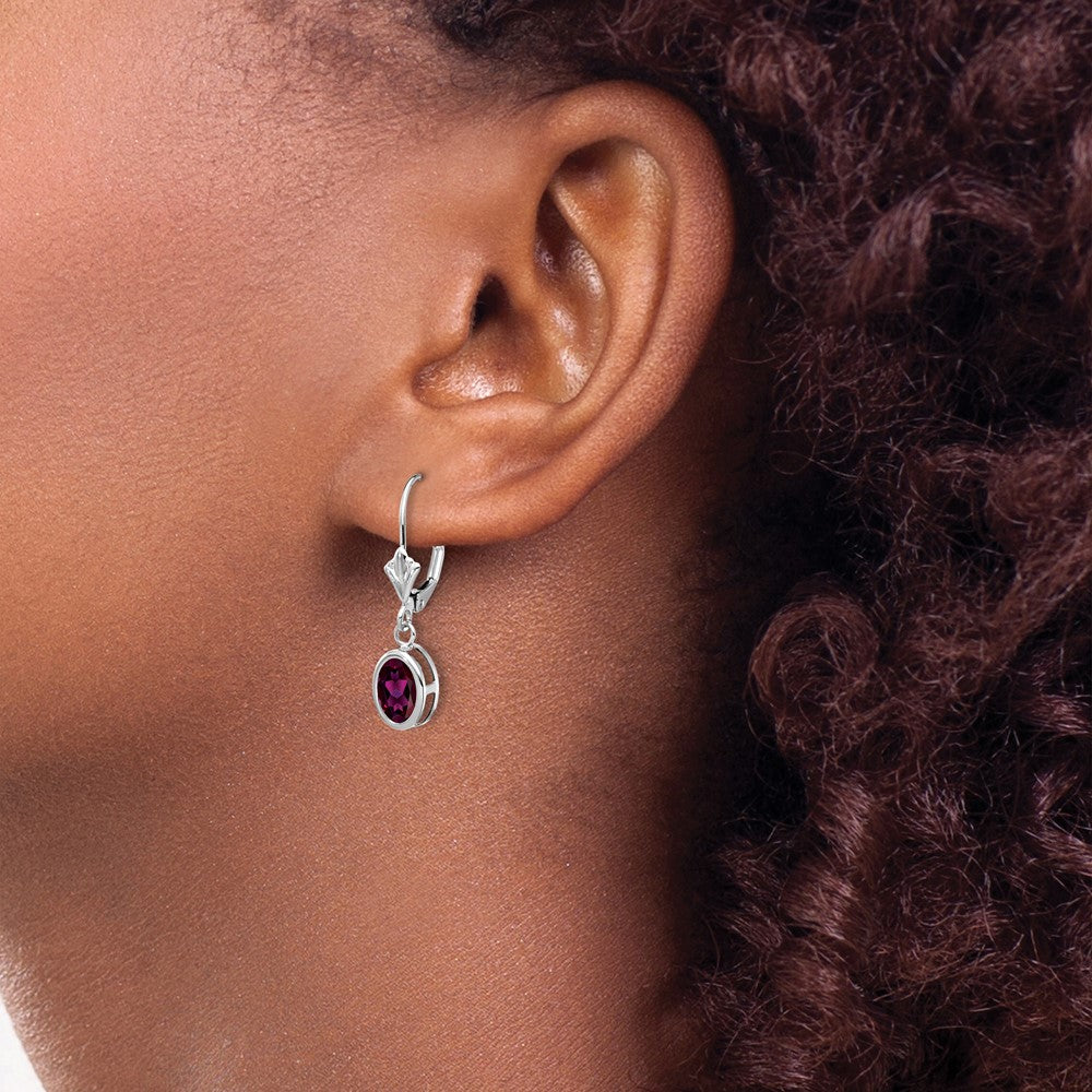 14kWhite Gold 7x5mm Oval Rhodolite Garnet Bezel Leverback Dangle Earrings