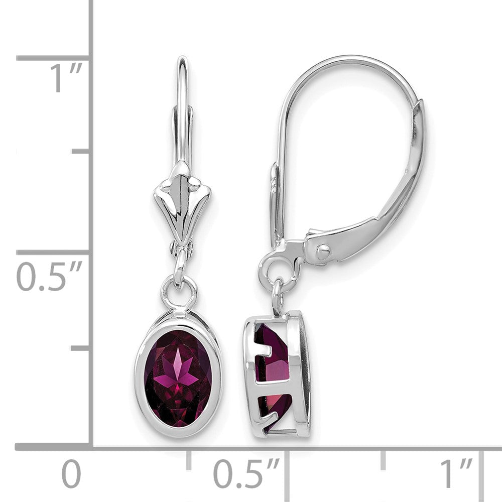 14kWhite Gold 7x5mm Oval Rhodolite Garnet Bezel Leverback Dangle Earrings