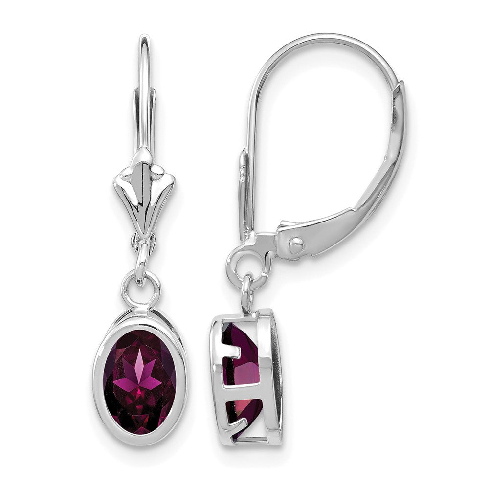 14kWhite Gold 7x5mm Oval Rhodolite Garnet Bezel Leverback Dangle Earrings