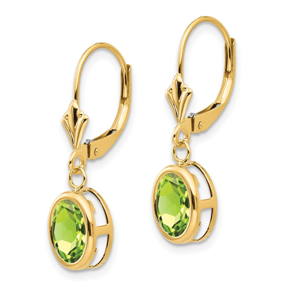 14k 8x6mm Oval Peridot Bezel Leverback Dangle Earrings