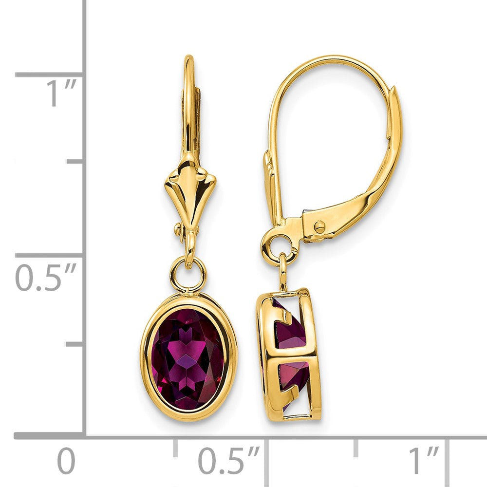 14k 8x6mm Oval Rhodolite Garnet Bezel Leverback Dangle Earrings