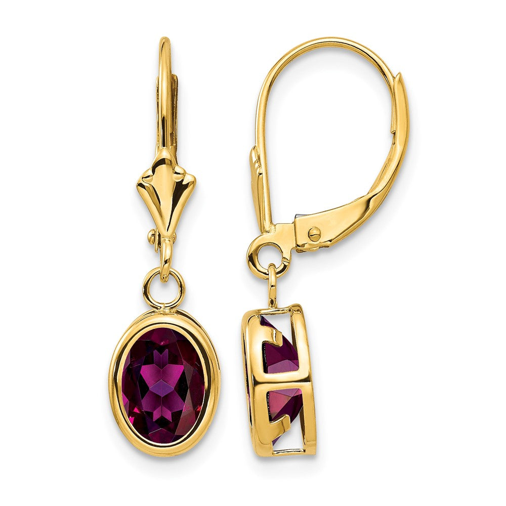14k 8x6mm Oval Rhodolite Garnet Bezel Leverback Dangle Earrings